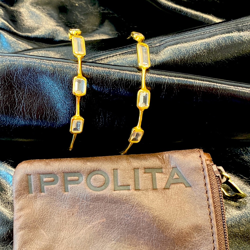 Ippolita 18k yellow gold and white sapphire large hoop earrings. 2 1/2” wide.